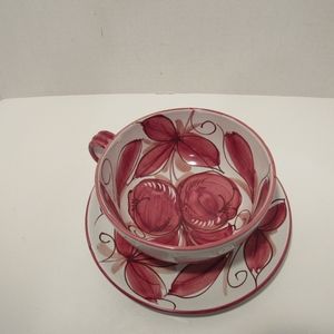 Hand Painted Italian Oversized Red/White Floral Soup Bowl w/7.5" Matching Plate